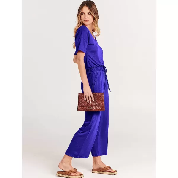 imageANRABESS Women Short Sleeve Summer Casual V Neck Elastic Waist Wide Leg Cropped Pant Jumpsuits Rompers with Pockets02royal Blue
