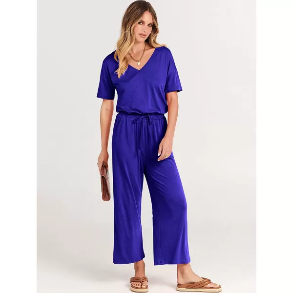 imageANRABESS Women Short Sleeve Summer Casual V Neck Elastic Waist Wide Leg Cropped Pant Jumpsuits Rompers with Pockets02royal Blue
