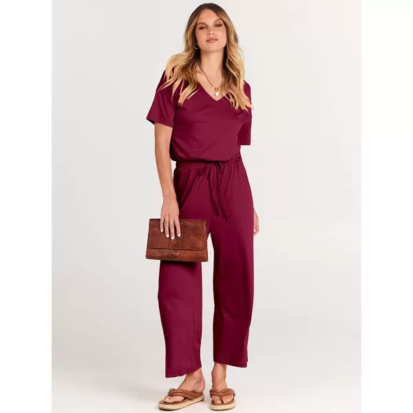 imageANRABESS Women Short Sleeve Summer Casual V Neck Elastic Waist Wide Leg Cropped Pant Jumpsuits Rompers with Pockets02wine Red