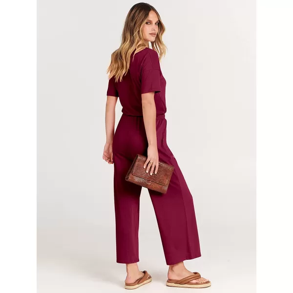 imageANRABESS Women Short Sleeve Summer Casual V Neck Elastic Waist Wide Leg Cropped Pant Jumpsuits Rompers with Pockets02wine Red
