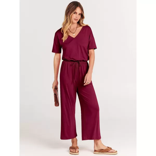 imageANRABESS Women Short Sleeve Summer Casual V Neck Elastic Waist Wide Leg Cropped Pant Jumpsuits Rompers with Pockets02wine Red