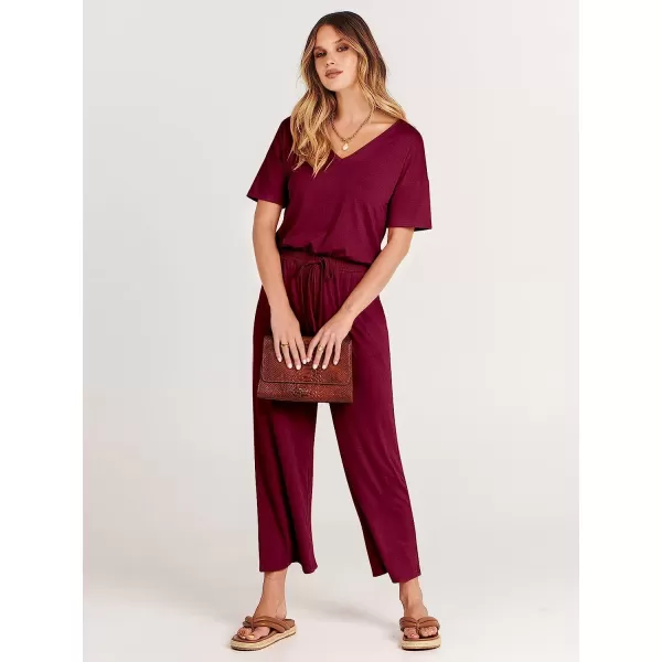 imageANRABESS Women Short Sleeve Summer Casual V Neck Elastic Waist Wide Leg Cropped Pant Jumpsuits Rompers with Pockets02wine Red