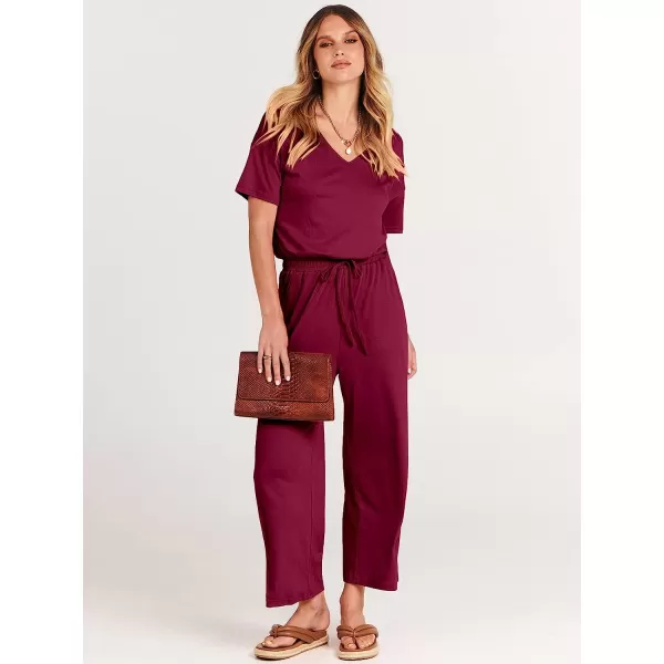 imageANRABESS Women Short Sleeve Summer Casual V Neck Elastic Waist Wide Leg Cropped Pant Jumpsuits Rompers with Pockets02wine Red