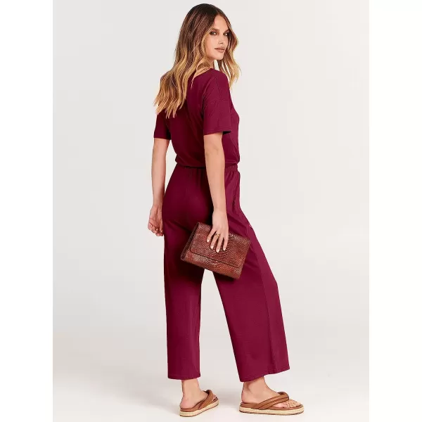 imageANRABESS Women Short Sleeve Summer Casual V Neck Elastic Waist Wide Leg Cropped Pant Jumpsuits Rompers with Pockets02wine Red