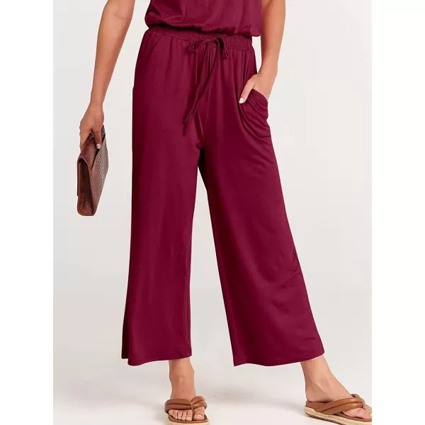 imageANRABESS Women Short Sleeve Summer Casual V Neck Elastic Waist Wide Leg Cropped Pant Jumpsuits Rompers with Pockets02wine Red