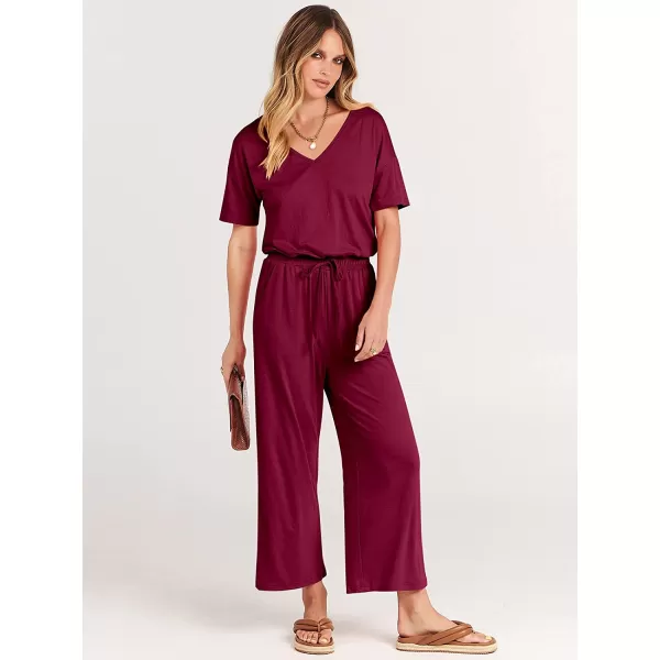 imageANRABESS Women Short Sleeve Summer Casual V Neck Elastic Waist Wide Leg Cropped Pant Jumpsuits Rompers with Pockets02wine Red