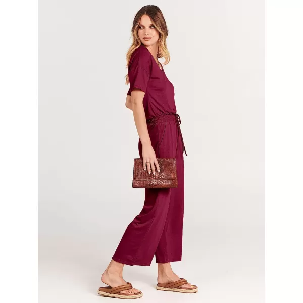 imageANRABESS Women Short Sleeve Summer Casual V Neck Elastic Waist Wide Leg Cropped Pant Jumpsuits Rompers with Pockets02wine Red