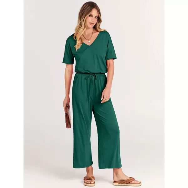 imageANRABESS Women Short Sleeve Summer Casual V Neck Elastic Waist Wide Leg Cropped Pant Jumpsuits Rompers with Pockets03deep Green