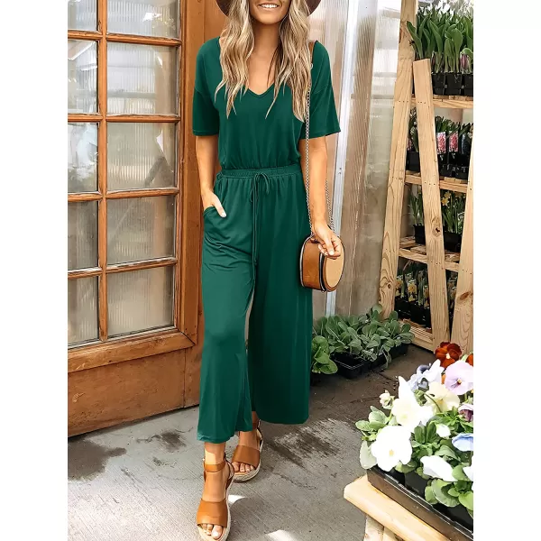 imageANRABESS Women Short Sleeve Summer Casual V Neck Elastic Waist Wide Leg Cropped Pant Jumpsuits Rompers with Pockets03deep Green