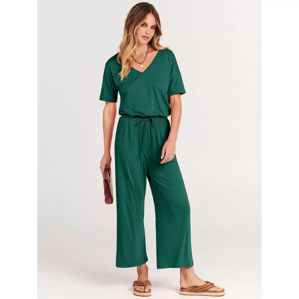 imageANRABESS Women Short Sleeve Summer Casual V Neck Elastic Waist Wide Leg Cropped Pant Jumpsuits Rompers with Pockets03deep Green
