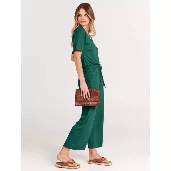 imageANRABESS Women Short Sleeve Summer Casual V Neck Elastic Waist Wide Leg Cropped Pant Jumpsuits Rompers with Pockets03deep Green