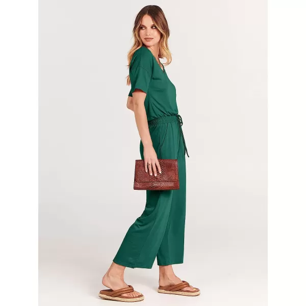 imageANRABESS Women Short Sleeve Summer Casual V Neck Elastic Waist Wide Leg Cropped Pant Jumpsuits Rompers with Pockets03deep Green