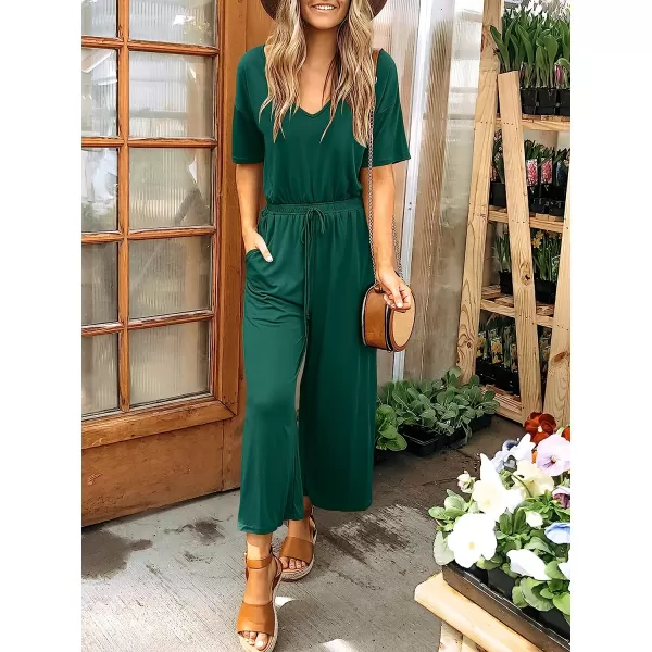 imageANRABESS Women Short Sleeve Summer Casual V Neck Elastic Waist Wide Leg Cropped Pant Jumpsuits Rompers with Pockets03deep Green