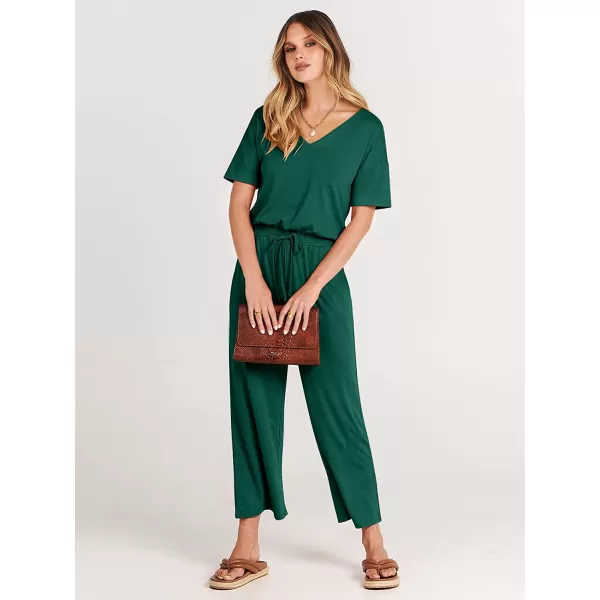 imageANRABESS Women Short Sleeve Summer Casual V Neck Elastic Waist Wide Leg Cropped Pant Jumpsuits Rompers with Pockets03deep Green