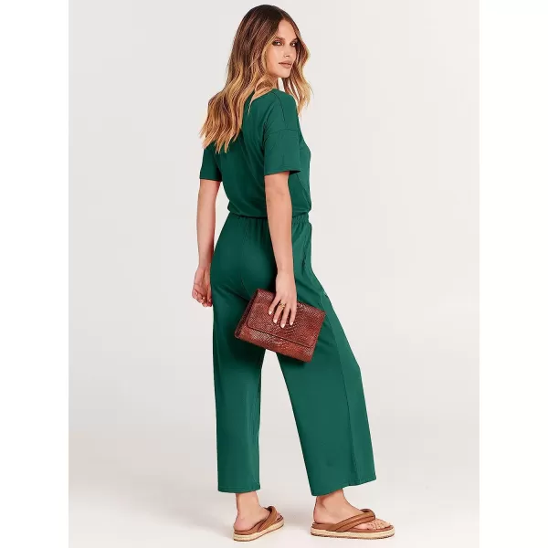 imageANRABESS Women Short Sleeve Summer Casual V Neck Elastic Waist Wide Leg Cropped Pant Jumpsuits Rompers with Pockets03deep Green