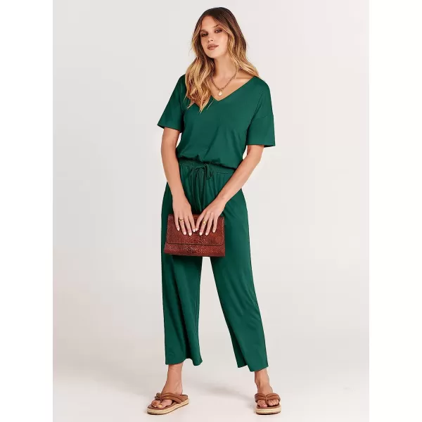 imageANRABESS Women Short Sleeve Summer Casual V Neck Elastic Waist Wide Leg Cropped Pant Jumpsuits Rompers with Pockets03deep Green