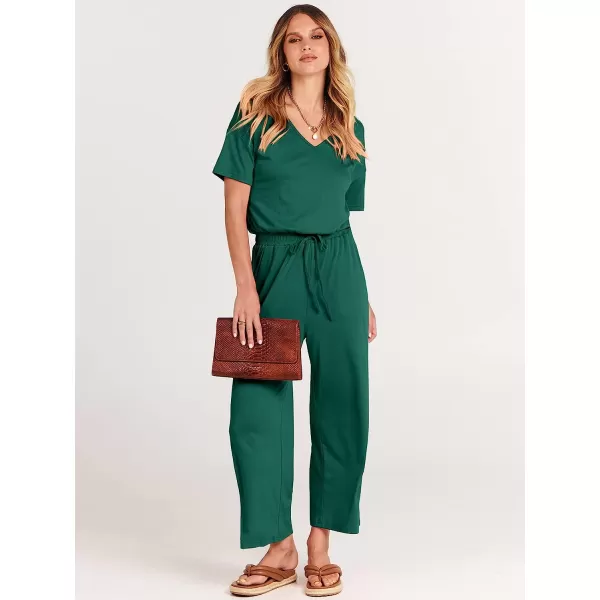 imageANRABESS Women Short Sleeve Summer Casual V Neck Elastic Waist Wide Leg Cropped Pant Jumpsuits Rompers with Pockets03deep Green
