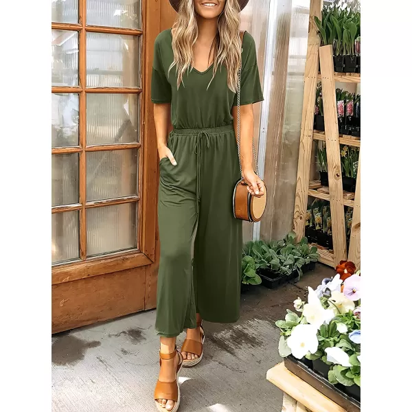 imageANRABESS Women Short Sleeve Summer Casual V Neck Elastic Waist Wide Leg Cropped Pant Jumpsuits Rompers with Pockets03green