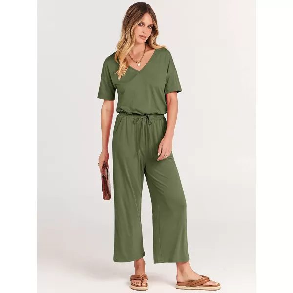imageANRABESS Women Short Sleeve Summer Casual V Neck Elastic Waist Wide Leg Cropped Pant Jumpsuits Rompers with Pockets03green