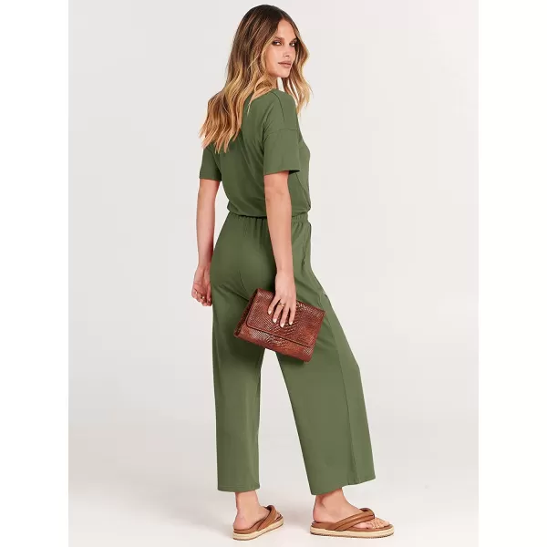 imageANRABESS Women Short Sleeve Summer Casual V Neck Elastic Waist Wide Leg Cropped Pant Jumpsuits Rompers with Pockets03green