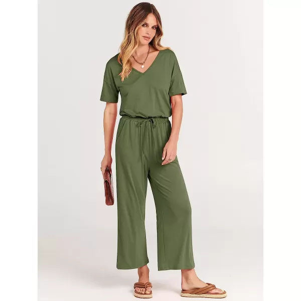 imageANRABESS Women Short Sleeve Summer Casual V Neck Elastic Waist Wide Leg Cropped Pant Jumpsuits Rompers with Pockets03green