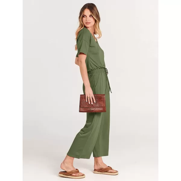 imageANRABESS Women Short Sleeve Summer Casual V Neck Elastic Waist Wide Leg Cropped Pant Jumpsuits Rompers with Pockets03green