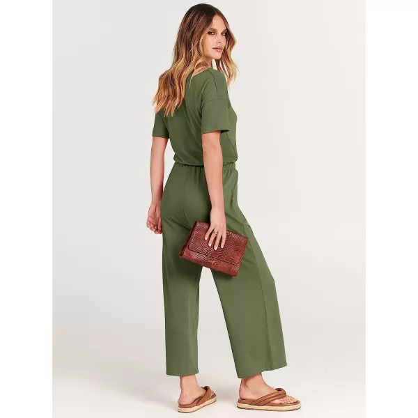 imageANRABESS Women Short Sleeve Summer Casual V Neck Elastic Waist Wide Leg Cropped Pant Jumpsuits Rompers with Pockets03green
