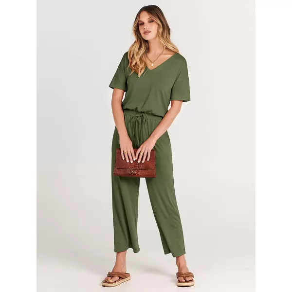 imageANRABESS Women Short Sleeve Summer Casual V Neck Elastic Waist Wide Leg Cropped Pant Jumpsuits Rompers with Pockets03green