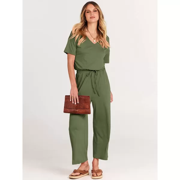 imageANRABESS Women Short Sleeve Summer Casual V Neck Elastic Waist Wide Leg Cropped Pant Jumpsuits Rompers with Pockets03green