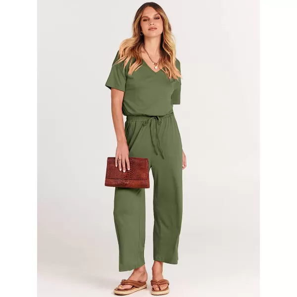 imageANRABESS Women Short Sleeve Summer Casual V Neck Elastic Waist Wide Leg Cropped Pant Jumpsuits Rompers with Pockets03green