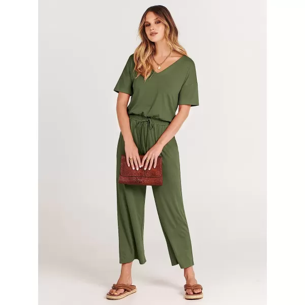 imageANRABESS Women Short Sleeve Summer Casual V Neck Elastic Waist Wide Leg Cropped Pant Jumpsuits Rompers with Pockets03green