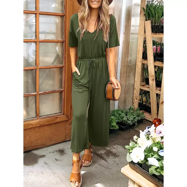 imageANRABESS Women Short Sleeve Summer Casual V Neck Elastic Waist Wide Leg Cropped Pant Jumpsuits Rompers with Pockets03green