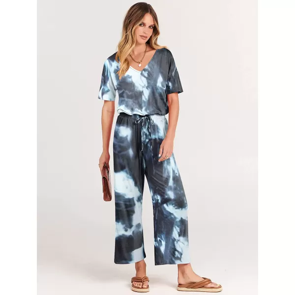 imageANRABESS Women Short Sleeve Summer Casual V Neck Elastic Waist Wide Leg Cropped Pant Jumpsuits Rompers with Pockets04tie Dye Navy