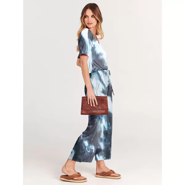 imageANRABESS Women Short Sleeve Summer Casual V Neck Elastic Waist Wide Leg Cropped Pant Jumpsuits Rompers with Pockets04tie Dye Navy