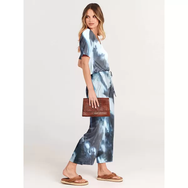 imageANRABESS Women Short Sleeve Summer Casual V Neck Elastic Waist Wide Leg Cropped Pant Jumpsuits Rompers with Pockets04tie Dye Navy