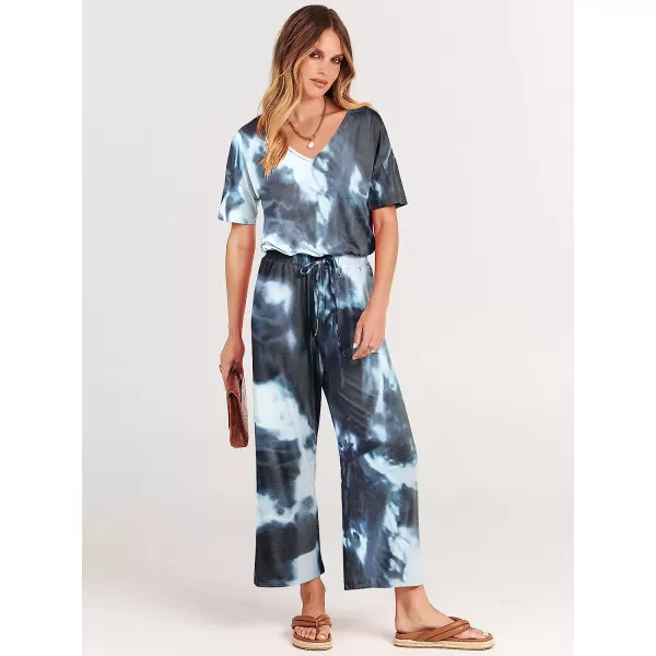 imageANRABESS Women Short Sleeve Summer Casual V Neck Elastic Waist Wide Leg Cropped Pant Jumpsuits Rompers with Pockets04tie Dye Navy