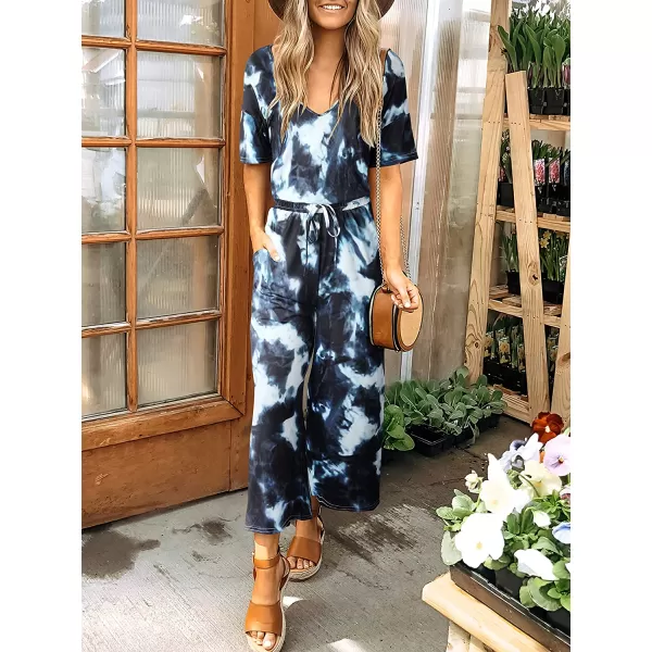 imageANRABESS Women Short Sleeve Summer Casual V Neck Elastic Waist Wide Leg Cropped Pant Jumpsuits Rompers with Pockets04tie Dye Navy