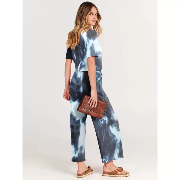 imageANRABESS Women Short Sleeve Summer Casual V Neck Elastic Waist Wide Leg Cropped Pant Jumpsuits Rompers with Pockets04tie Dye Navy