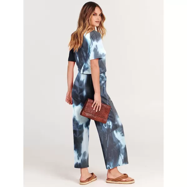 imageANRABESS Women Short Sleeve Summer Casual V Neck Elastic Waist Wide Leg Cropped Pant Jumpsuits Rompers with Pockets04tie Dye Navy