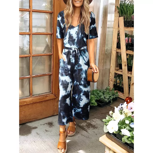 imageANRABESS Women Short Sleeve Summer Casual V Neck Elastic Waist Wide Leg Cropped Pant Jumpsuits Rompers with Pockets04tie Dye Navy