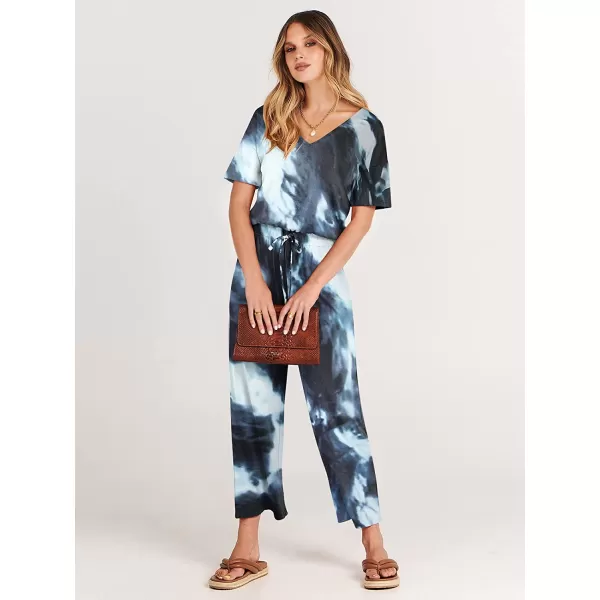 imageANRABESS Women Short Sleeve Summer Casual V Neck Elastic Waist Wide Leg Cropped Pant Jumpsuits Rompers with Pockets04tie Dye Navy