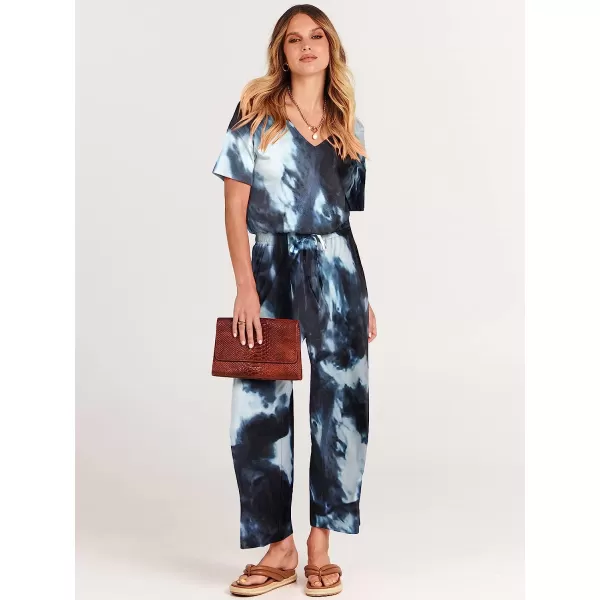 imageANRABESS Women Short Sleeve Summer Casual V Neck Elastic Waist Wide Leg Cropped Pant Jumpsuits Rompers with Pockets04tie Dye Navy