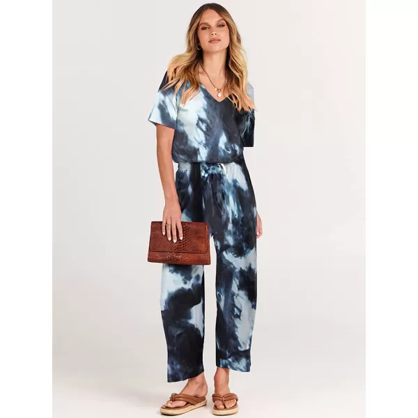 imageANRABESS Women Short Sleeve Summer Casual V Neck Elastic Waist Wide Leg Cropped Pant Jumpsuits Rompers with Pockets04tie Dye Navy