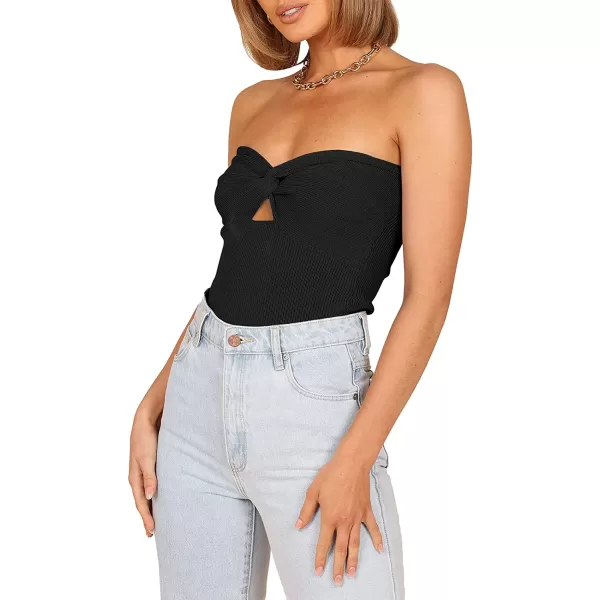 imageANRABESS Women Strapless Crop Tube Top Sexy Ribbed Knit Cutout Twisted Knot Front Sleeveless Y2K Corset Tanks TopBlack