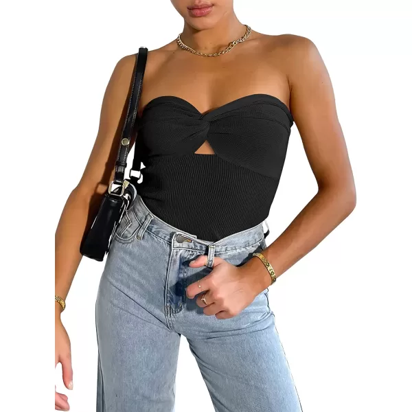 imageANRABESS Women Strapless Crop Tube Top Sexy Ribbed Knit Cutout Twisted Knot Front Sleeveless Y2K Corset Tanks TopBlack