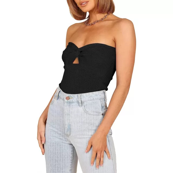 imageANRABESS Women Strapless Crop Tube Top Sexy Ribbed Knit Cutout Twisted Knot Front Sleeveless Y2K Corset Tanks TopBlack