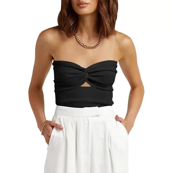 imageANRABESS Women Strapless Crop Tube Top Sexy Ribbed Knit Cutout Twisted Knot Front Sleeveless Y2K Corset Tanks TopBlack