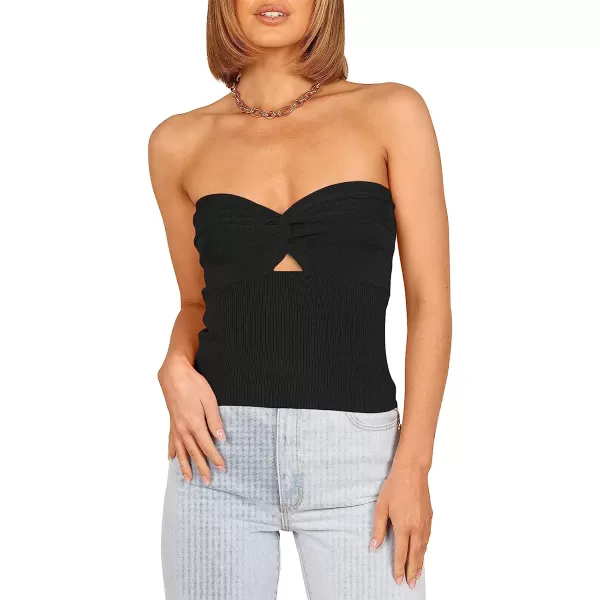 imageANRABESS Women Strapless Crop Tube Top Sexy Ribbed Knit Cutout Twisted Knot Front Sleeveless Y2K Corset Tanks TopBlack