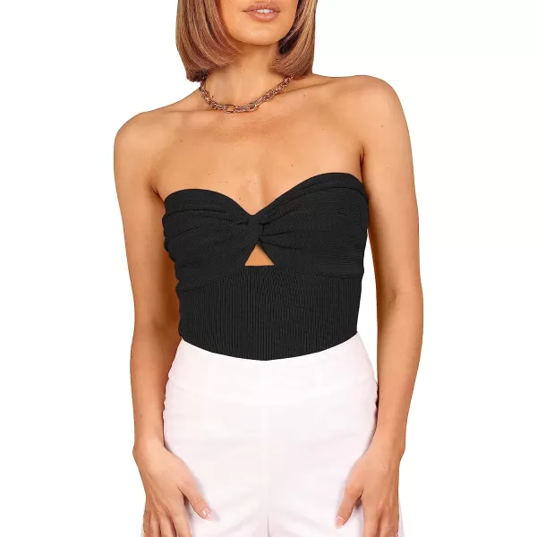 imageANRABESS Women Strapless Crop Tube Top Sexy Ribbed Knit Cutout Twisted Knot Front Sleeveless Y2K Corset Tanks TopBlack