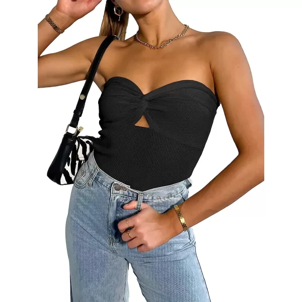 imageANRABESS Women Strapless Crop Tube Top Sexy Ribbed Knit Cutout Twisted Knot Front Sleeveless Y2K Corset Tanks TopBlack